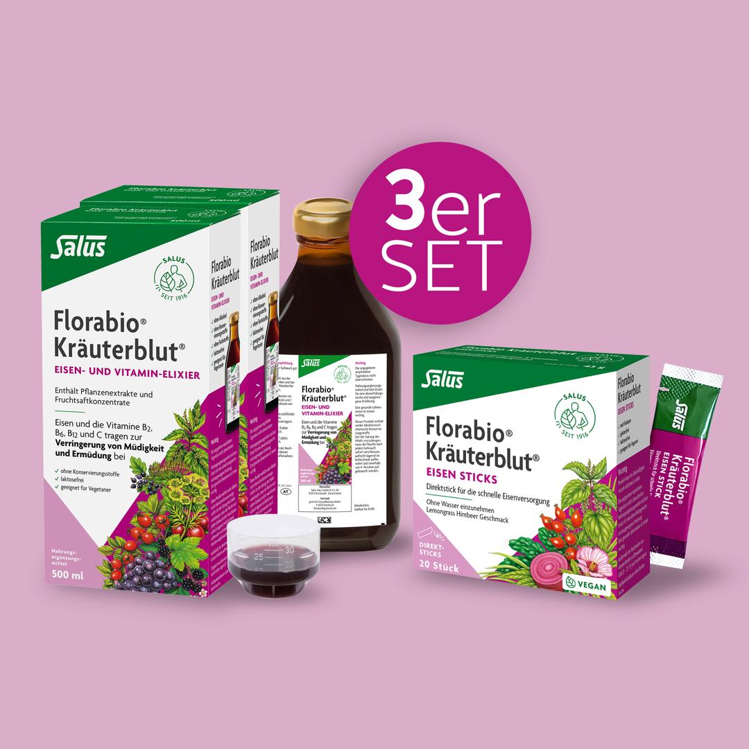 Florabio® Home & Go 3er Set, 2x Florabio 500 ml Saft + 1x Florabio Eisen Sticks