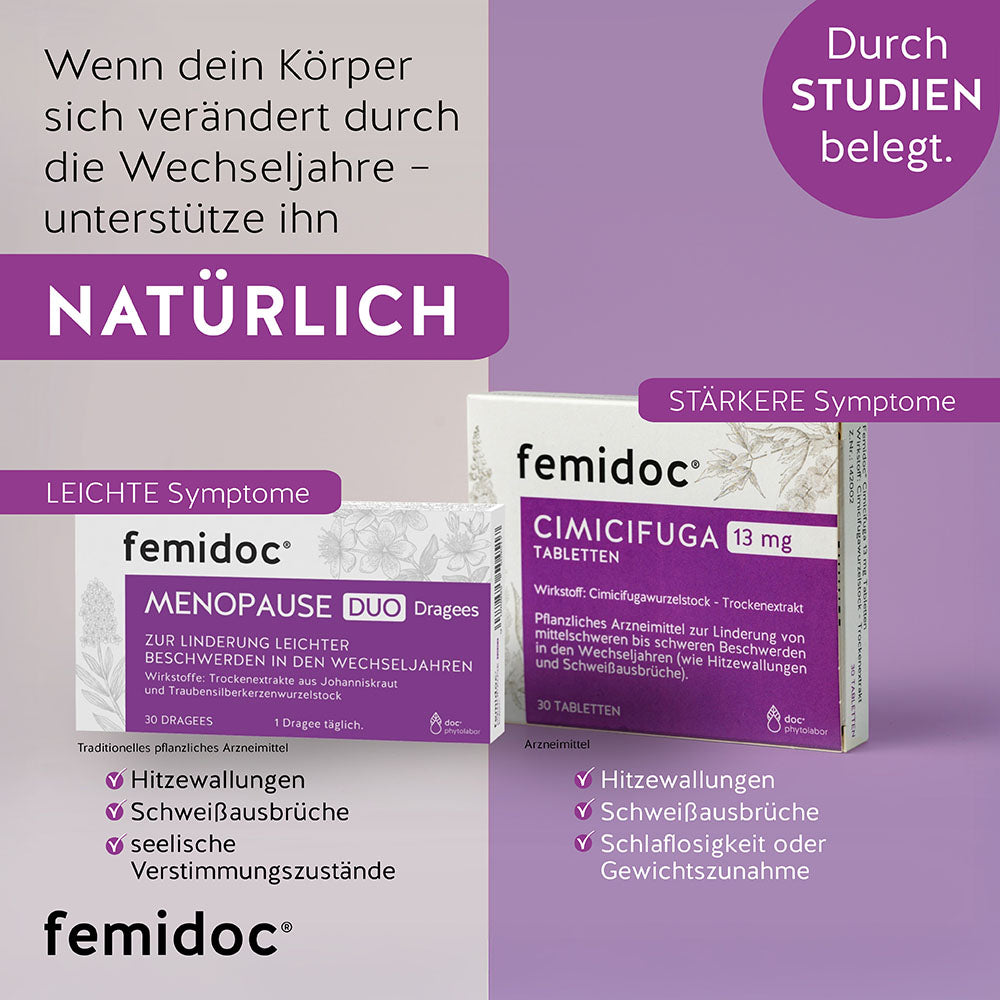Natürliche Unterstützung mit MENOPAUSE DUO Dragees - femidoc®