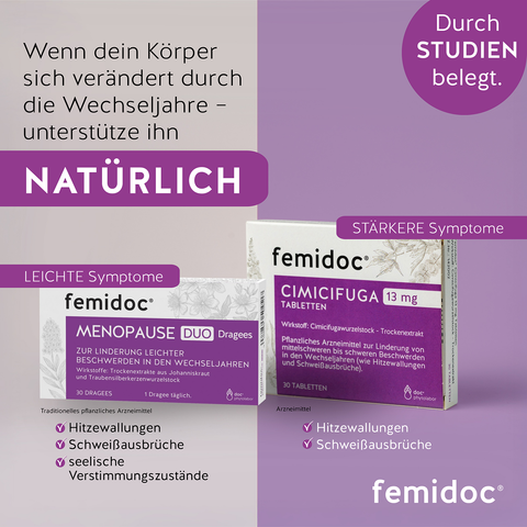 Unterstütze deinen Körper in den Wechseljahren mit femidoc CIMICIFUGA 13 mg oder MENOPAUSE DUO